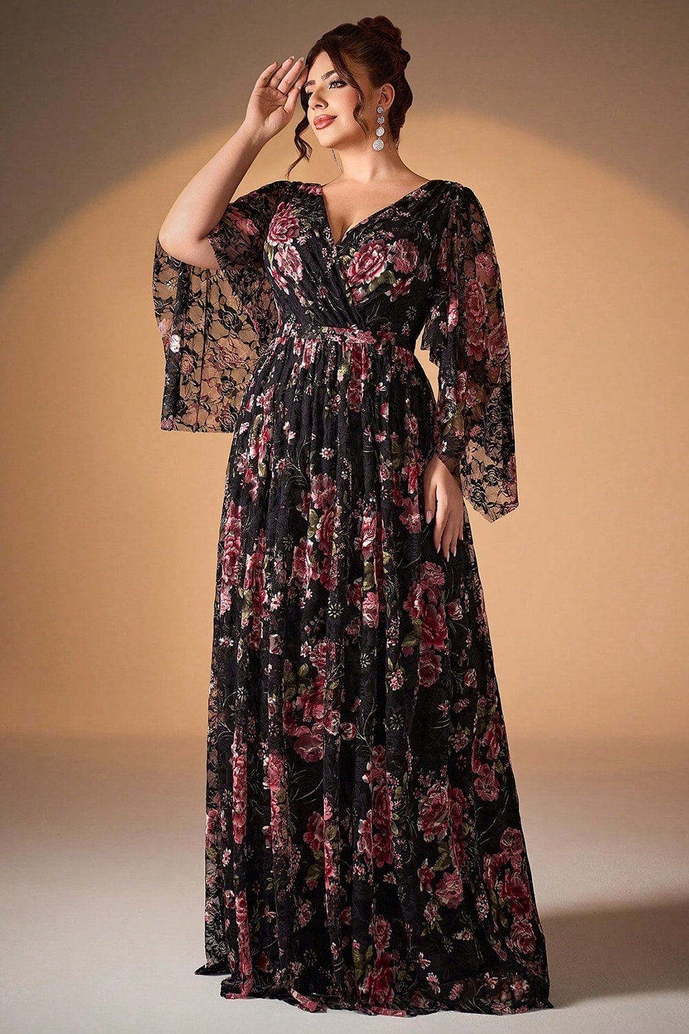Black Pink Floral A Line Long Sleeve Mother of the Bride Dress