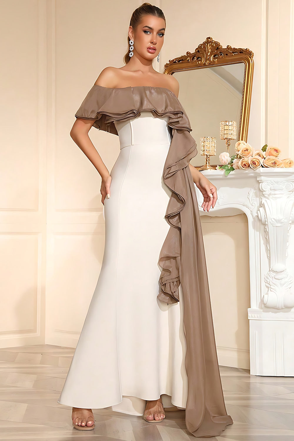 One Shoulder White Mermaid Ruffled Prom Dress with Side Drape
