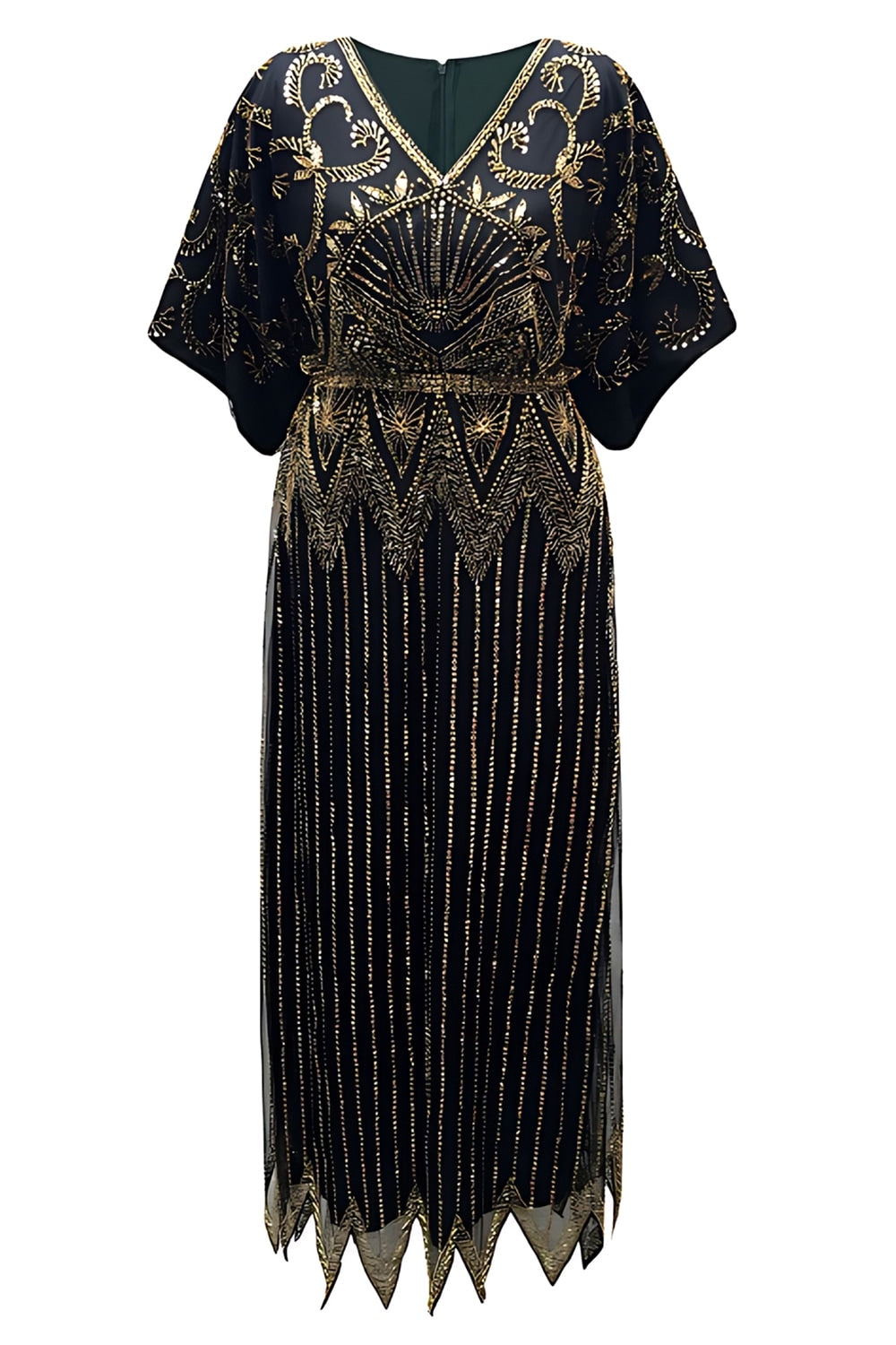 Sparkly Black Golden Beaded Sequins V-Neck Long 1920s Dress
