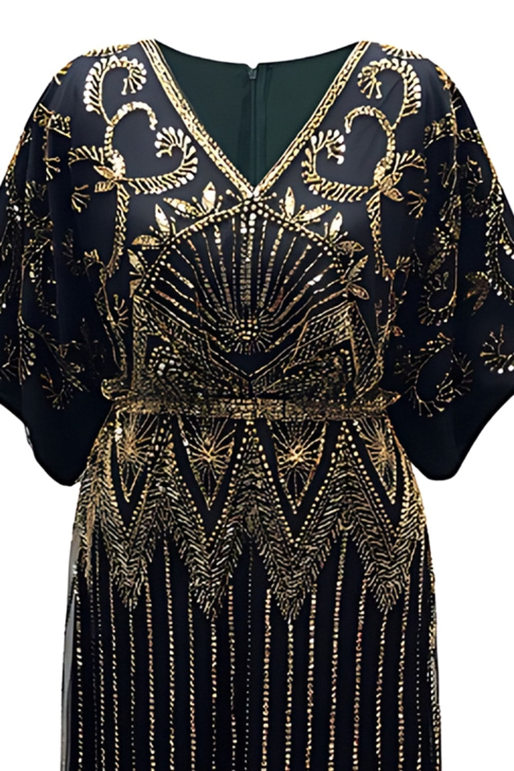 Sparkly Black Golden Beaded Sequins V-Neck Long 1920s Dress