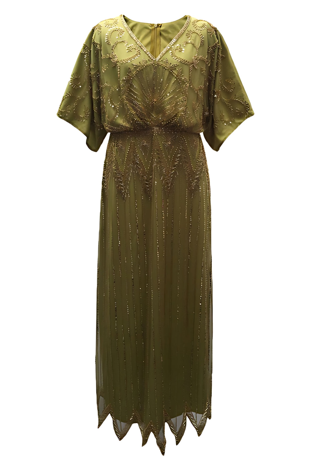 Sparkly Black Golden Beaded Sequins V-Neck Long 1920s Dress