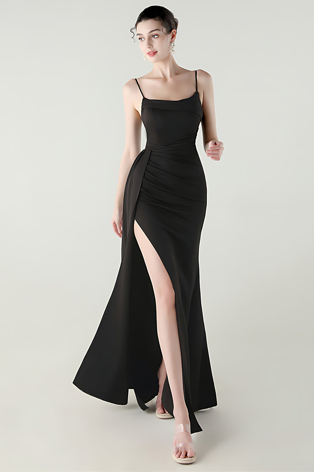 Black Spaghetti Straps Mermaid Long Prom Dress with Slit
