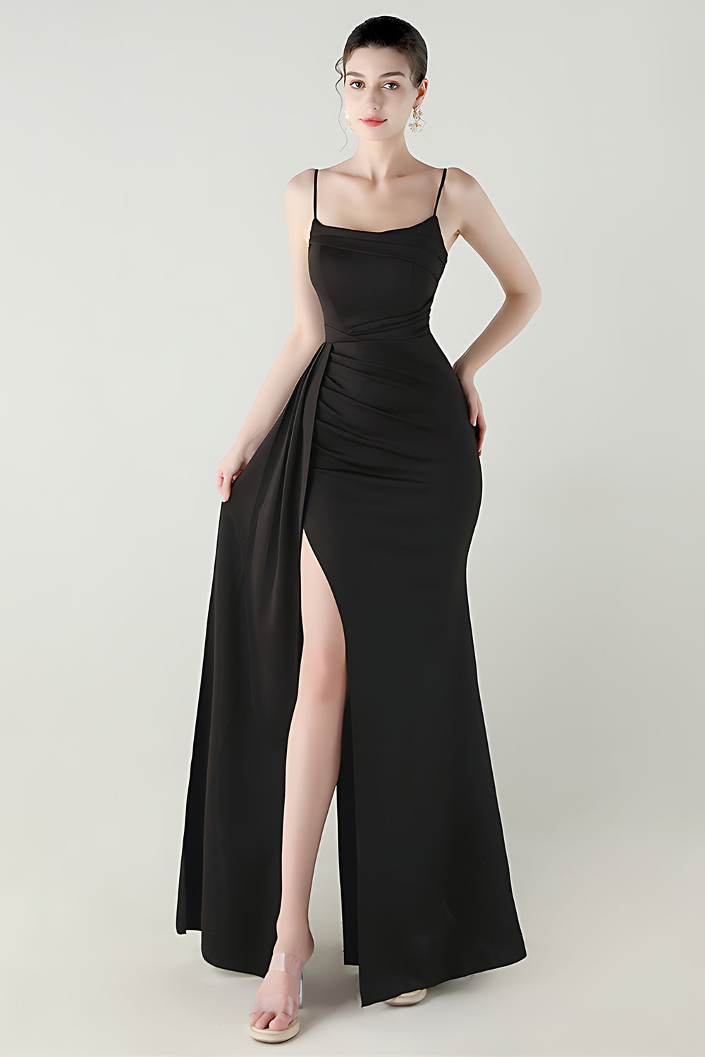 Black Spaghetti Straps Mermaid Long Prom Dress with Slit