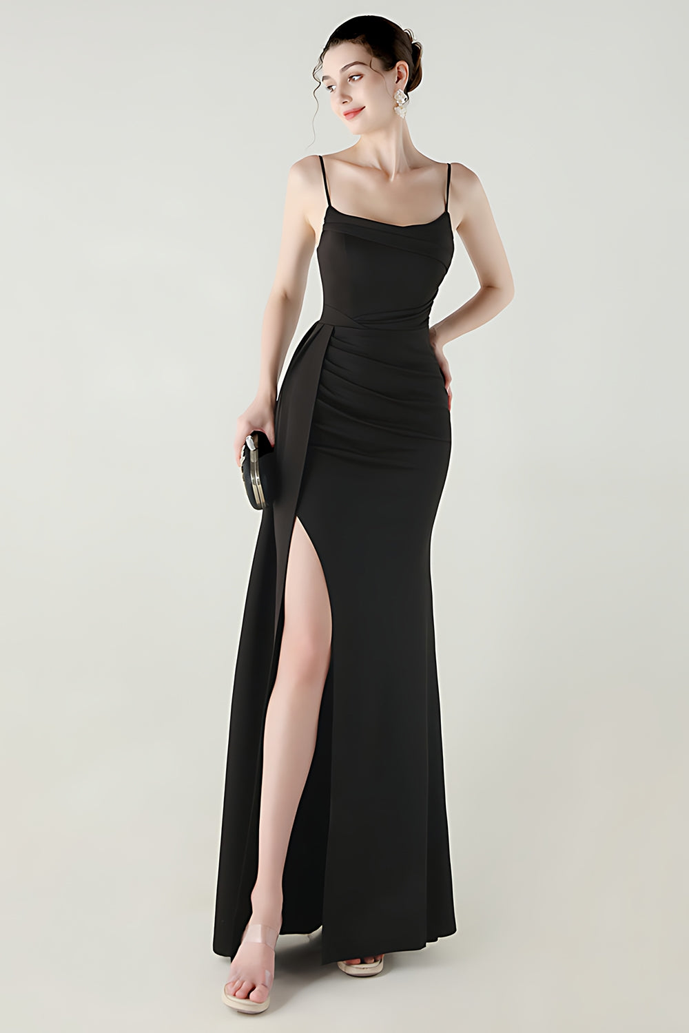 Black Spaghetti Straps Mermaid Long Prom Dress with Slit