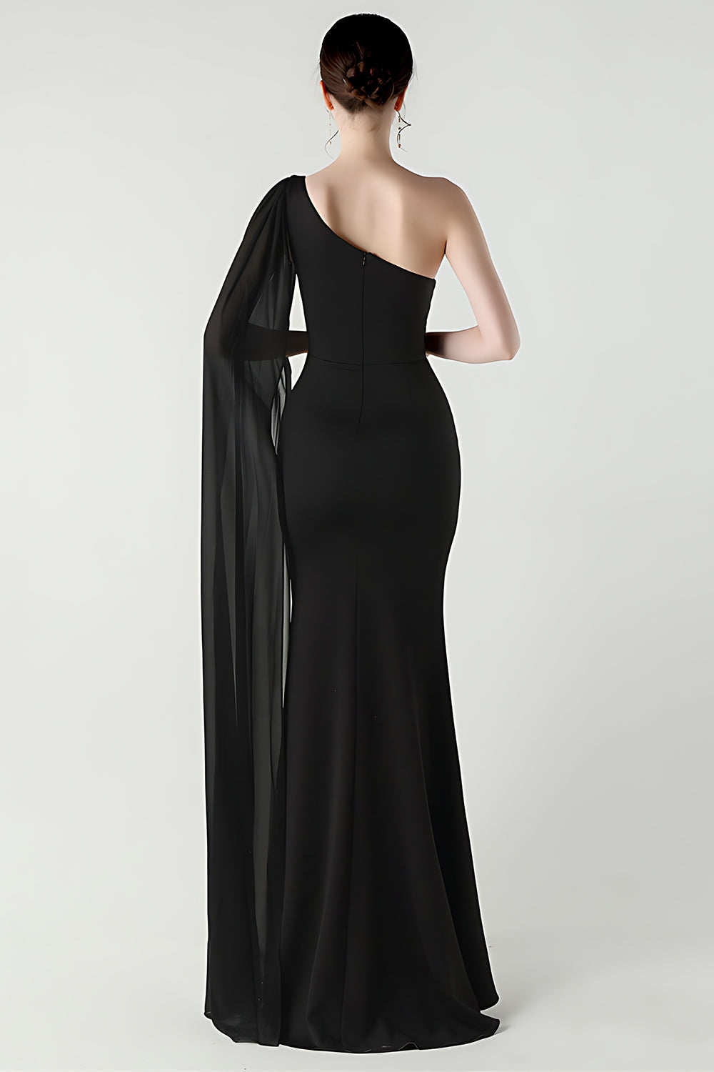 One Shoulder Black Mermaid Streamer Long Formal Dress with Slit