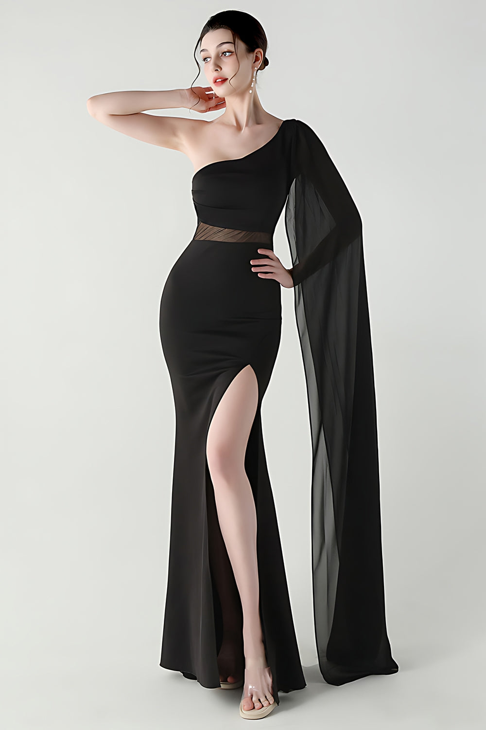One Shoulder Black Mermaid Streamer Long Formal Dress with Slit