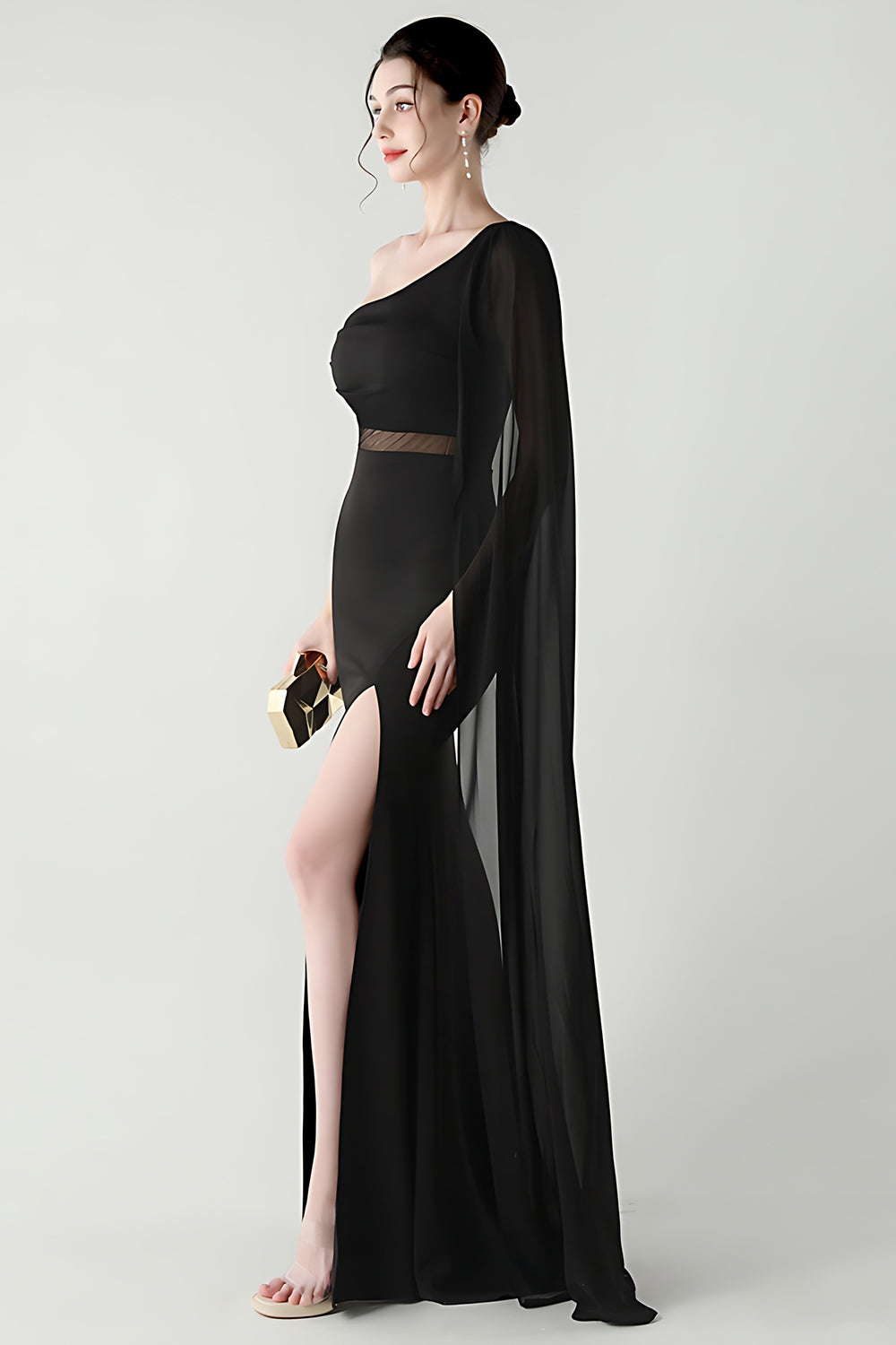 One Shoulder Black Mermaid Streamer Long Formal Dress with Slit