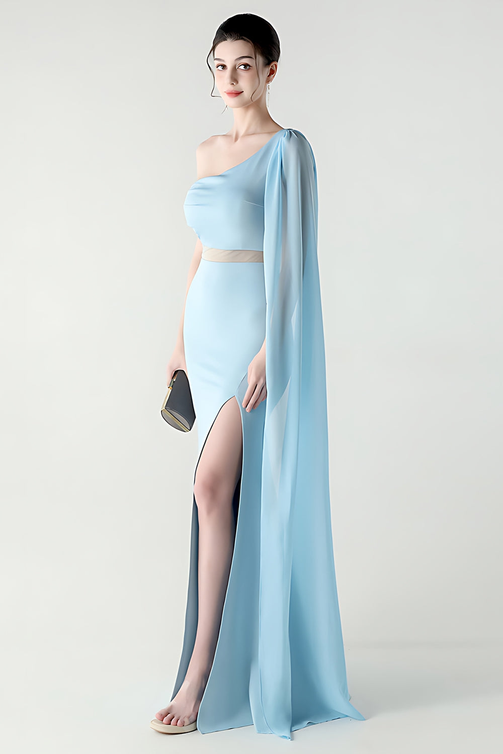 One Shoulder Black Mermaid Streamer Long Formal Dress with Slit