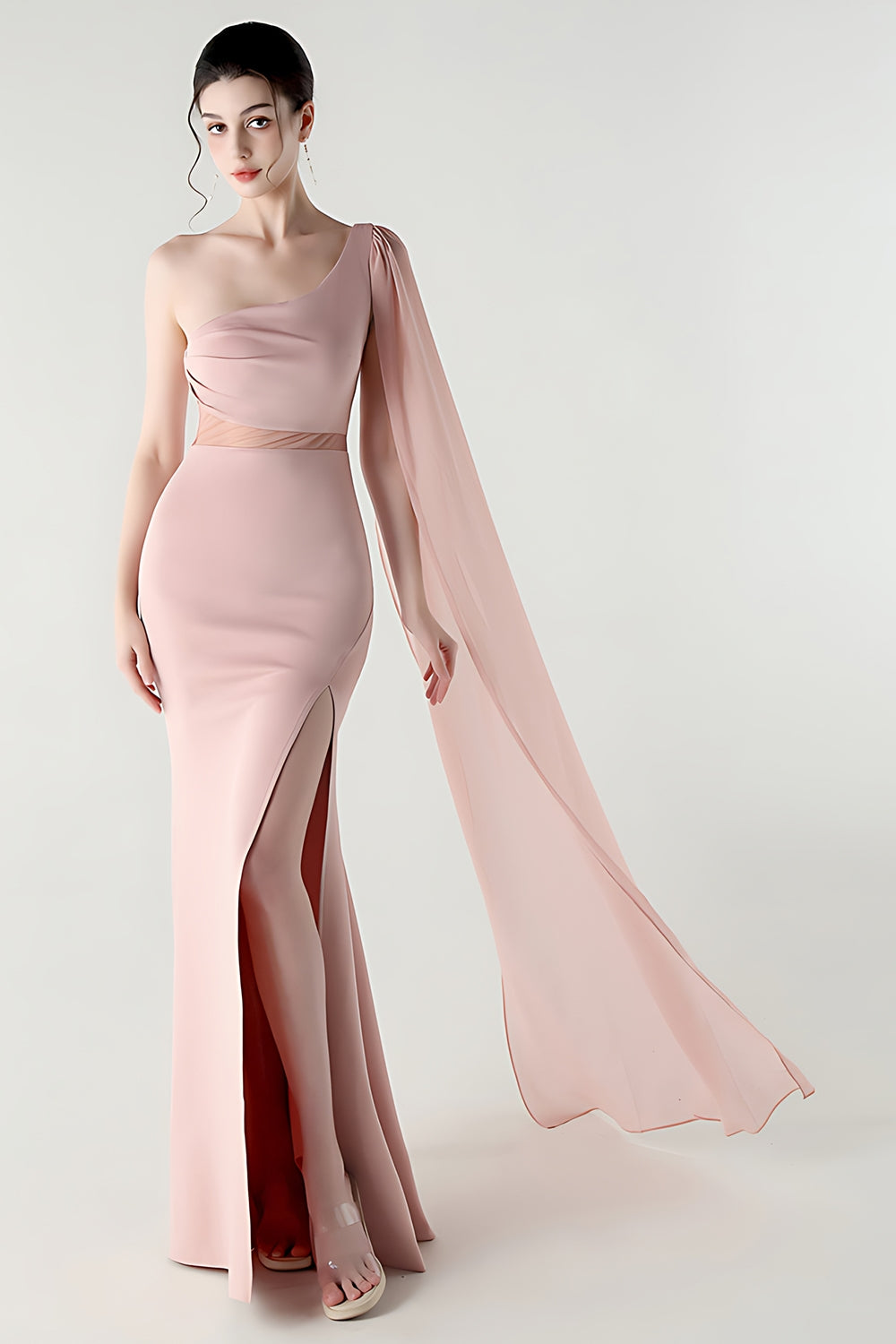 One Shoulder Black Mermaid Streamer Long Formal Dress with Slit