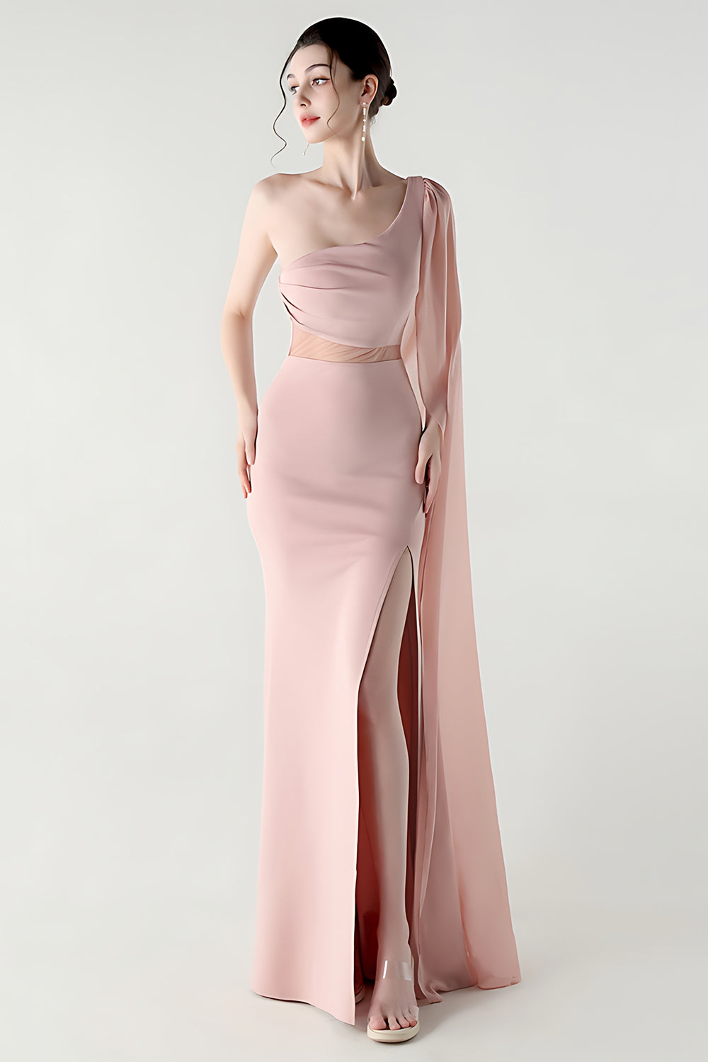 One Shoulder Black Mermaid Streamer Long Formal Dress with Slit