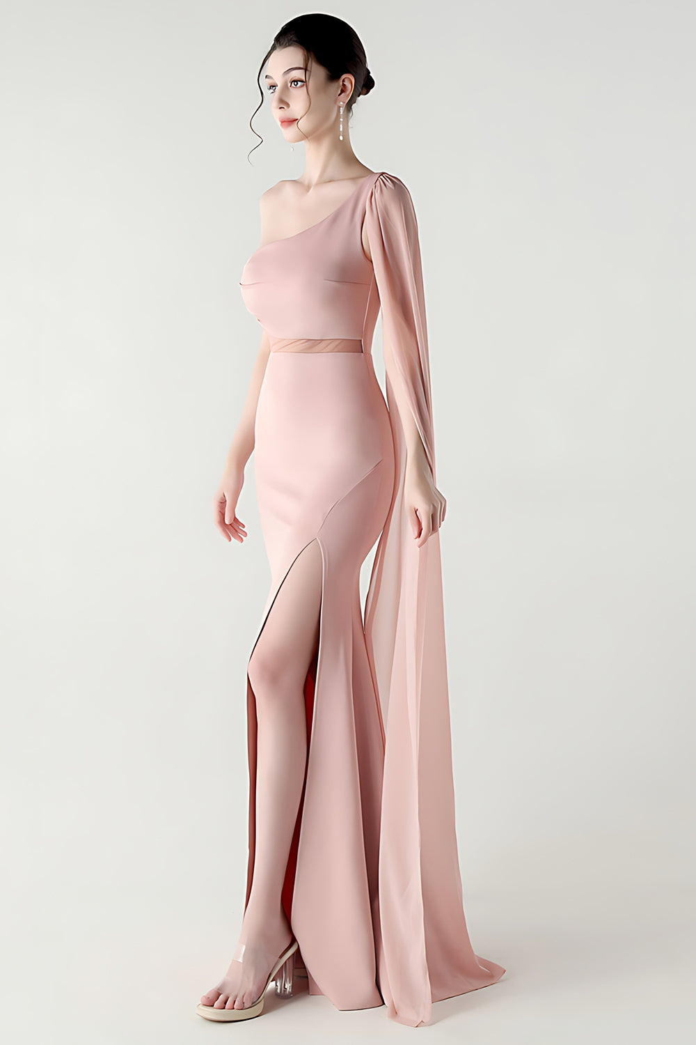 One Shoulder Black Mermaid Streamer Long Formal Dress with Slit