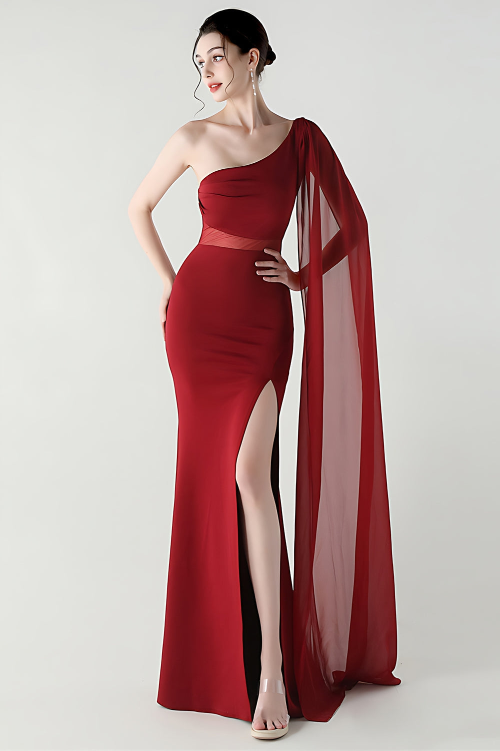 One Shoulder Black Mermaid Streamer Long Formal Dress with Slit