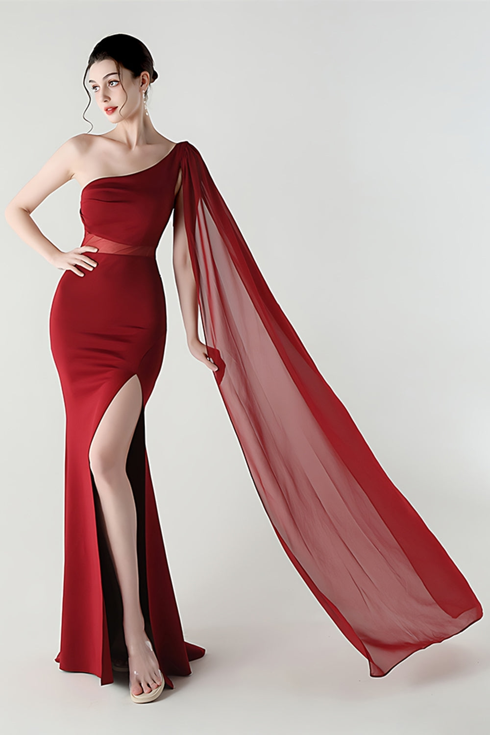 One Shoulder Black Mermaid Streamer Long Formal Dress with Slit