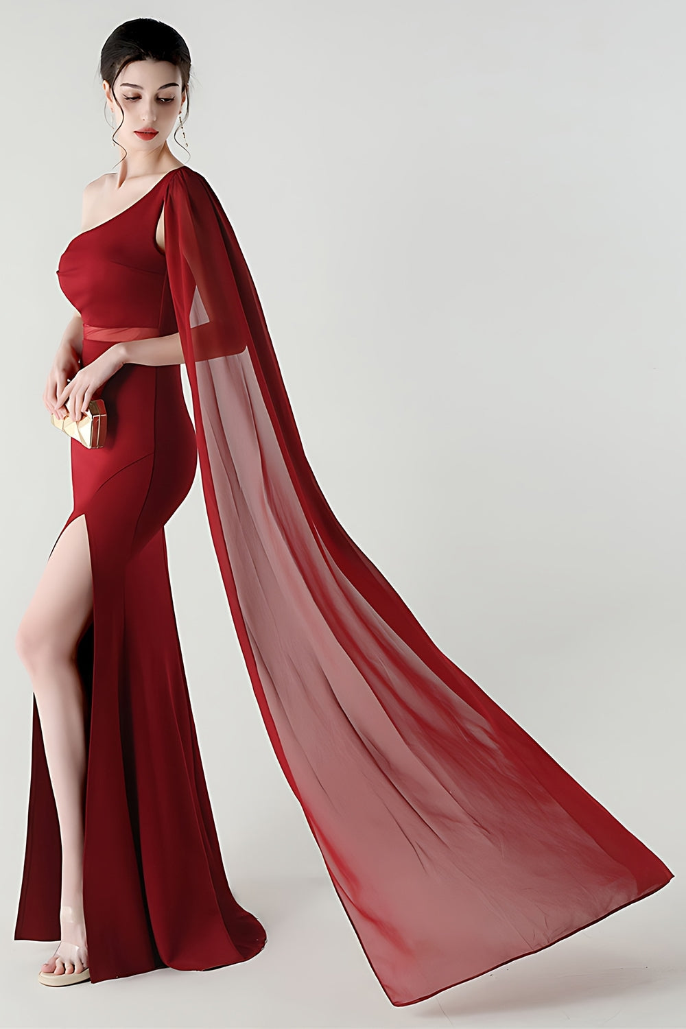 One Shoulder Black Mermaid Streamer Long Formal Dress with Slit
