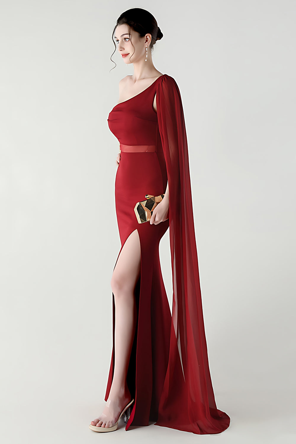 One Shoulder Black Mermaid Streamer Long Formal Dress with Slit