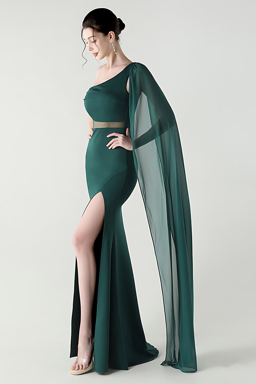 One Shoulder Black Mermaid Streamer Long Formal Dress with Slit