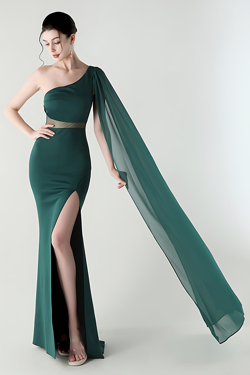One Shoulder Black Mermaid Streamer Long Formal Dress with Slit