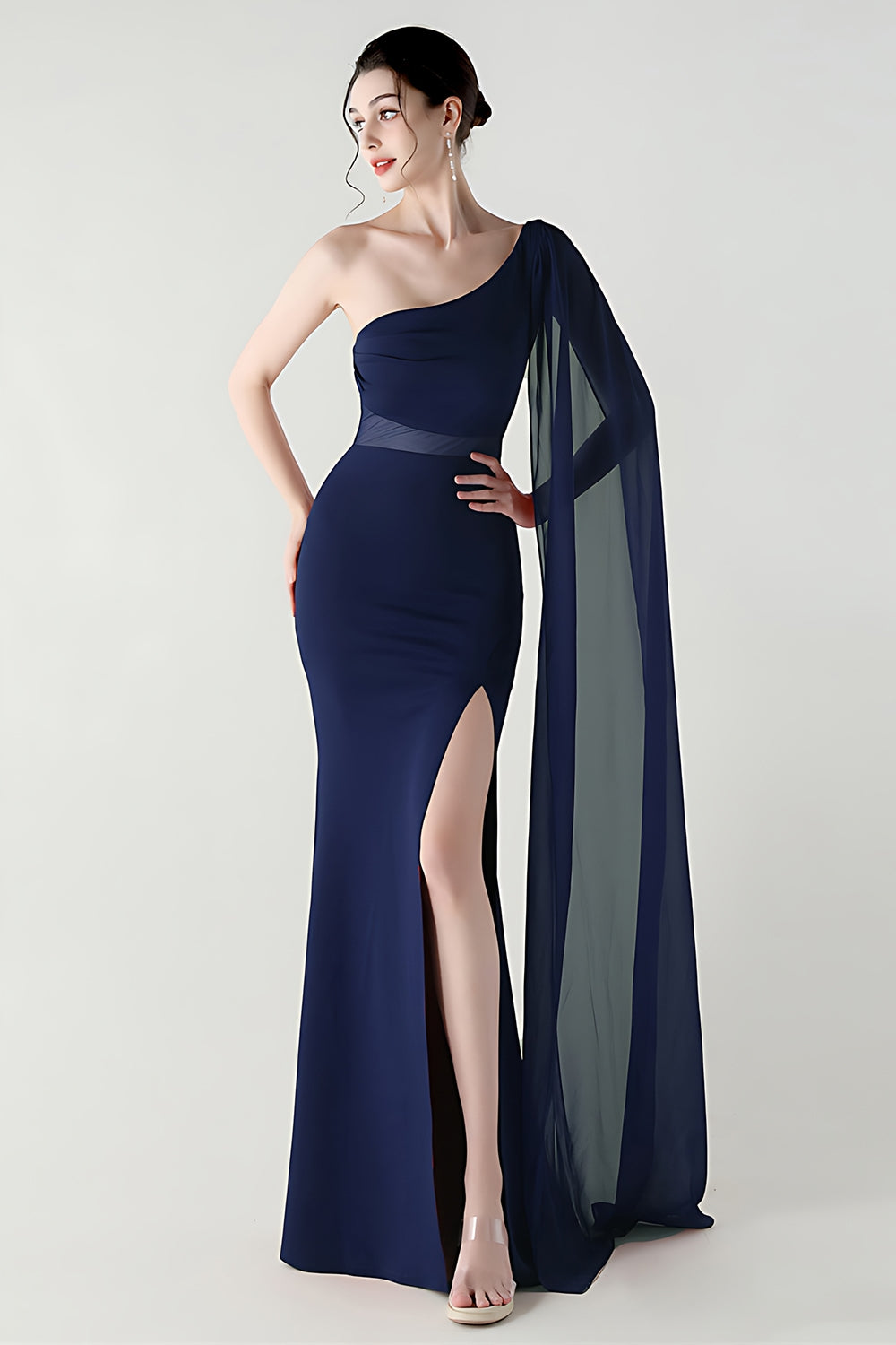One Shoulder Black Mermaid Streamer Long Formal Dress with Slit
