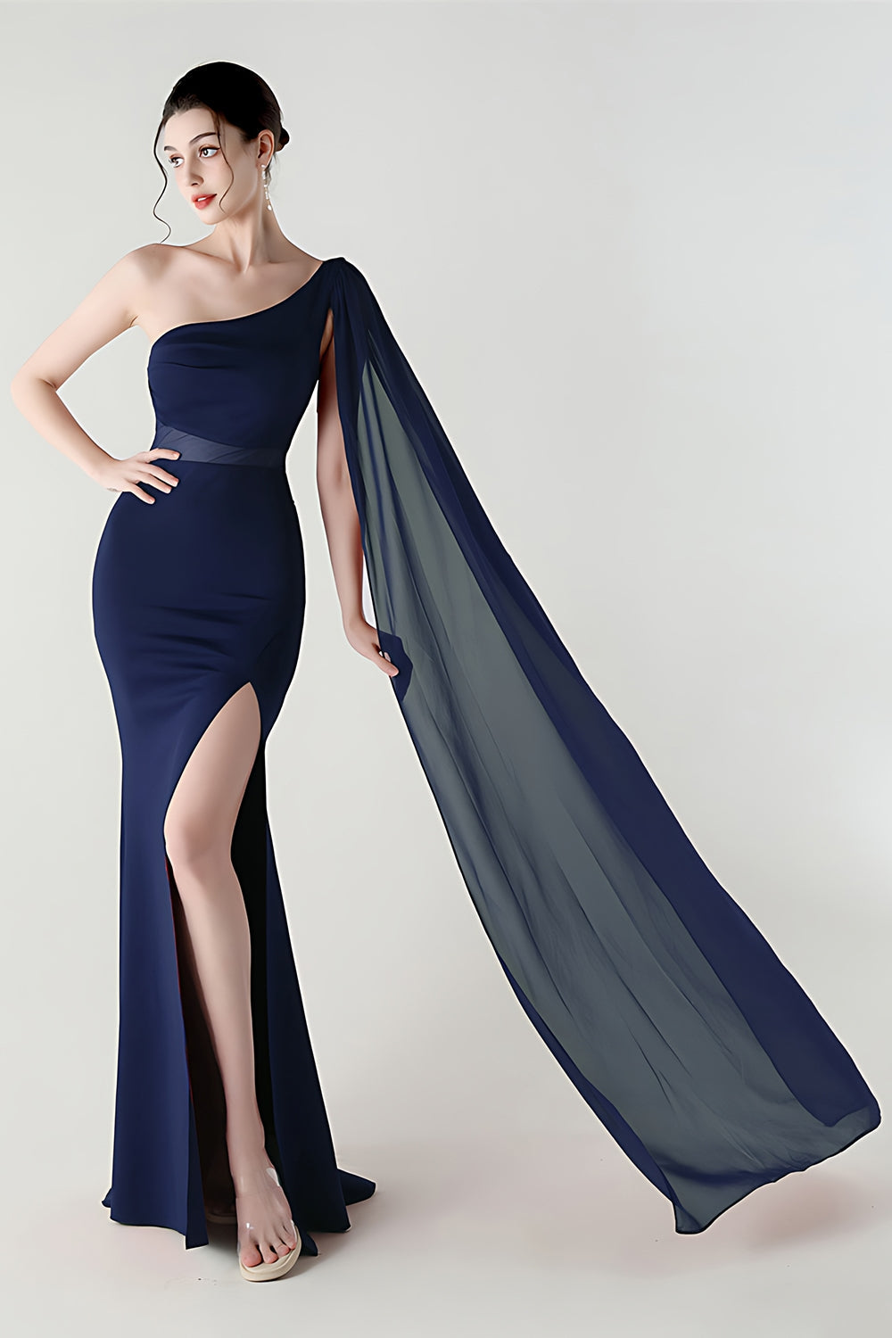One Shoulder Black Mermaid Streamer Long Formal Dress with Slit
