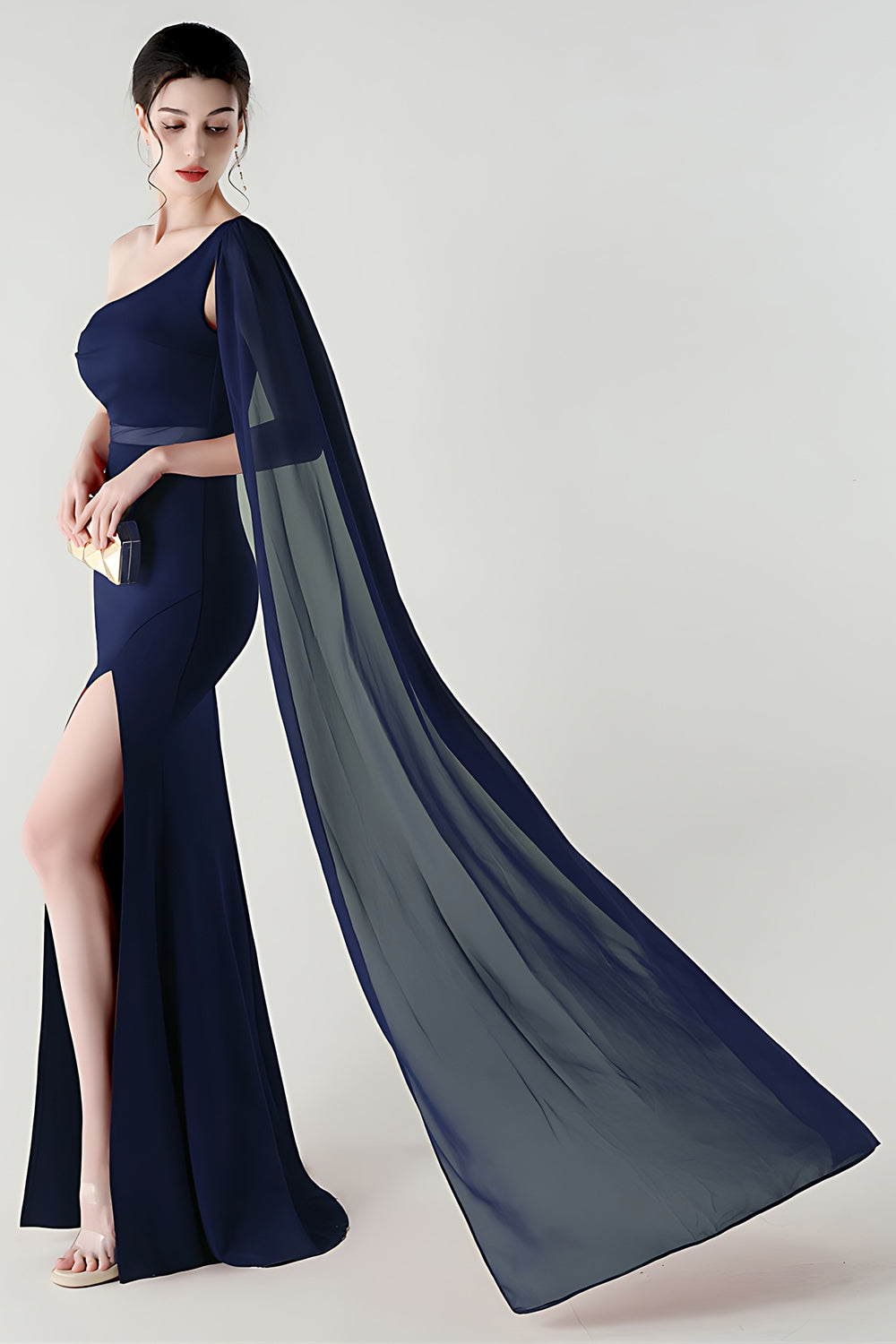 One Shoulder Black Mermaid Streamer Long Formal Dress with Slit