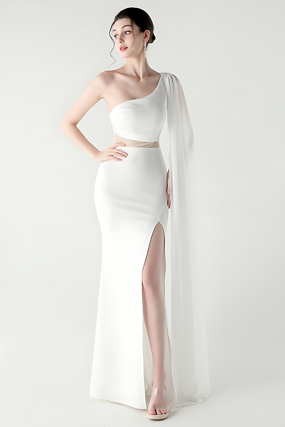 One Shoulder Black Mermaid Streamer Long Formal Dress with Slit