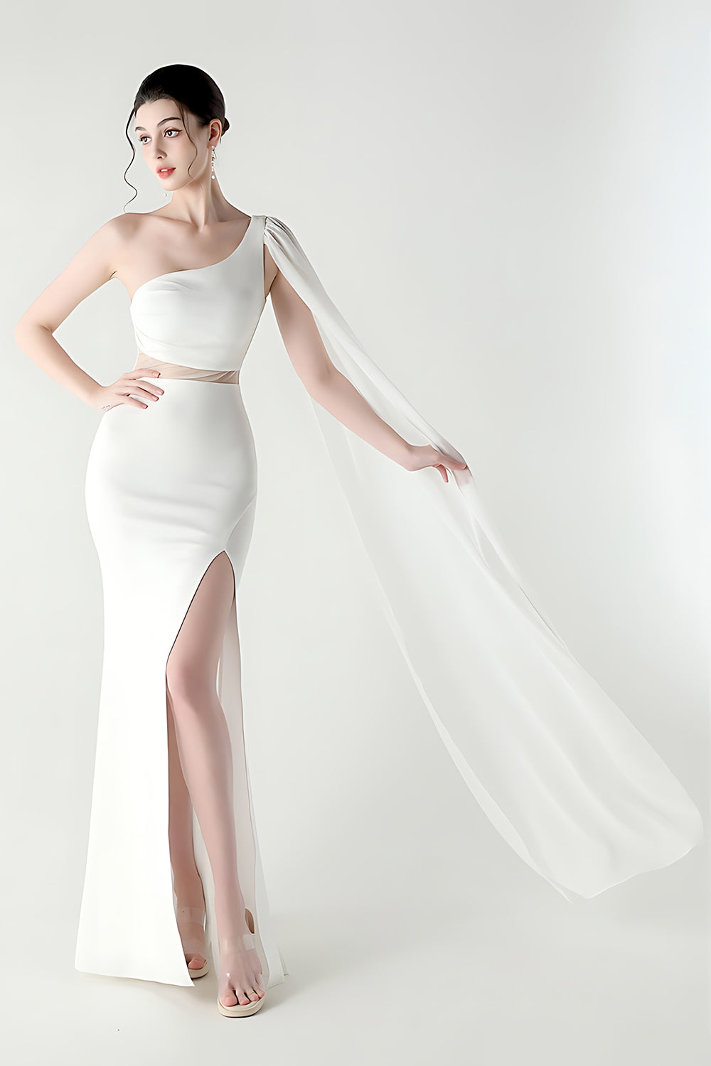 One Shoulder Black Mermaid Streamer Long Formal Dress with Slit