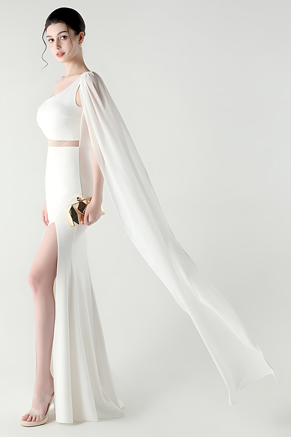 One Shoulder Black Mermaid Streamer Long Formal Dress with Slit