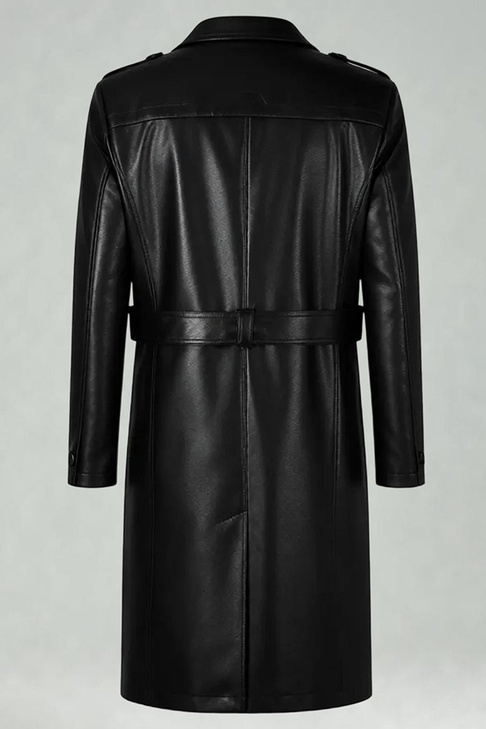 Black Notched Lapel Leather Double Breasted Men's Long Trench Coat