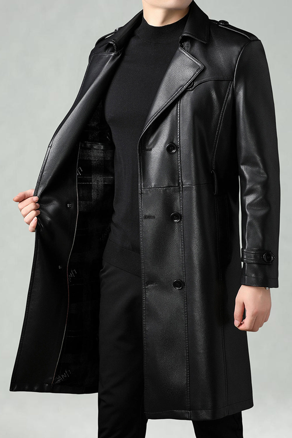 Black Notched Lapel Leather Double Breasted Men's Long Trench Coat