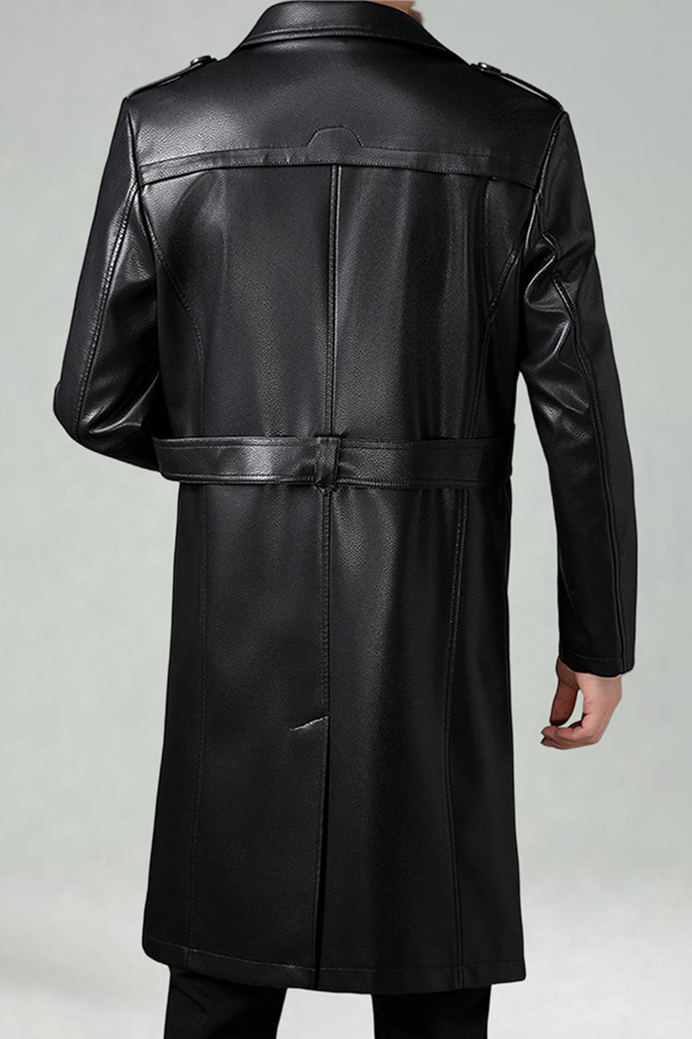 Black Notched Lapel Leather Double Breasted Men's Long Trench Coat