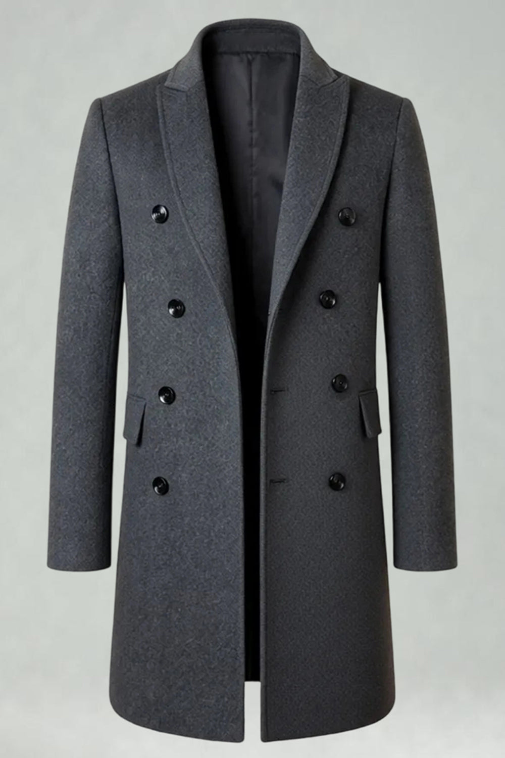 Peak Lapel Double Breasted Long Men's Grey Winter Coat