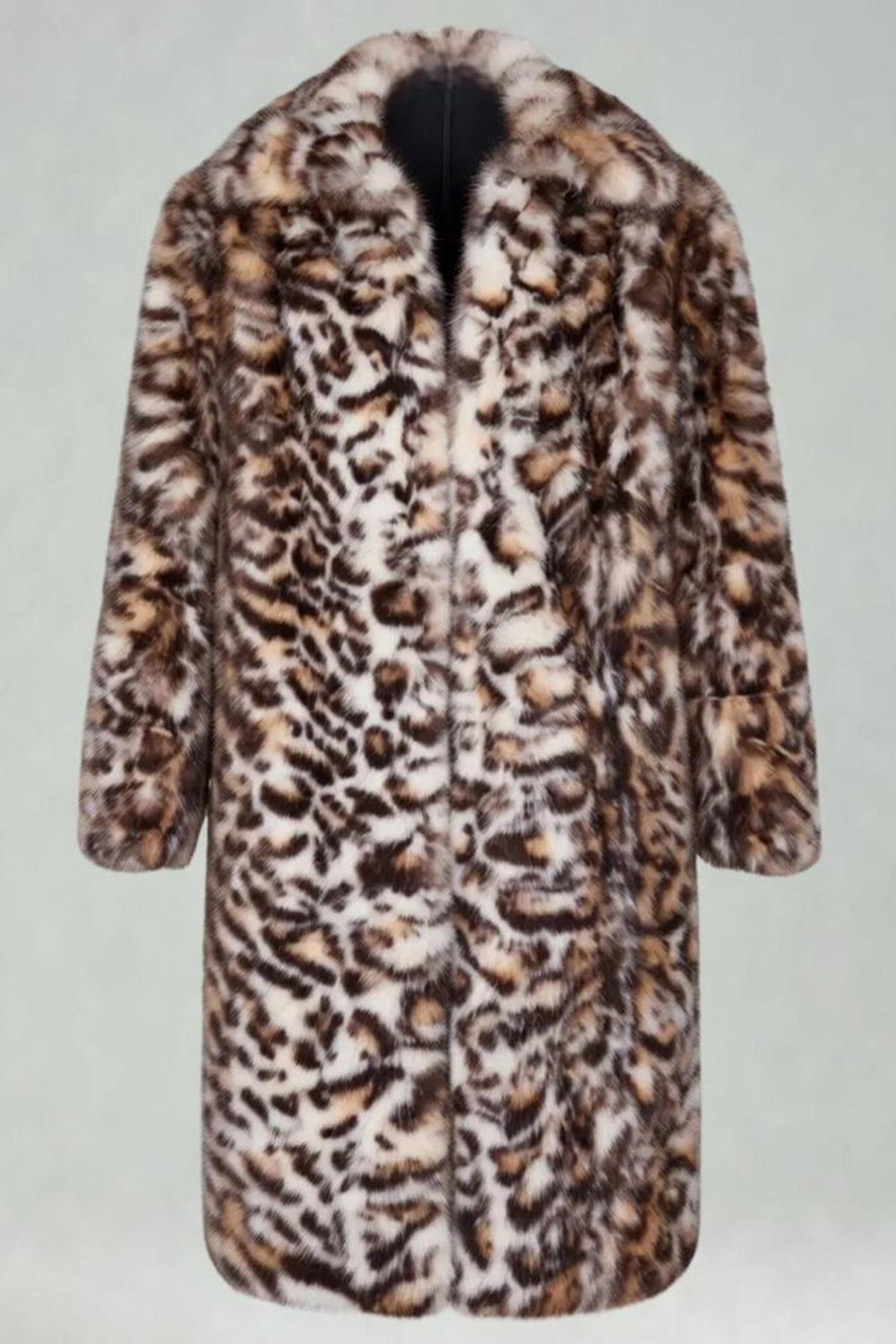 Brown Leopard Faux Fur Open Front Long Men's Coat