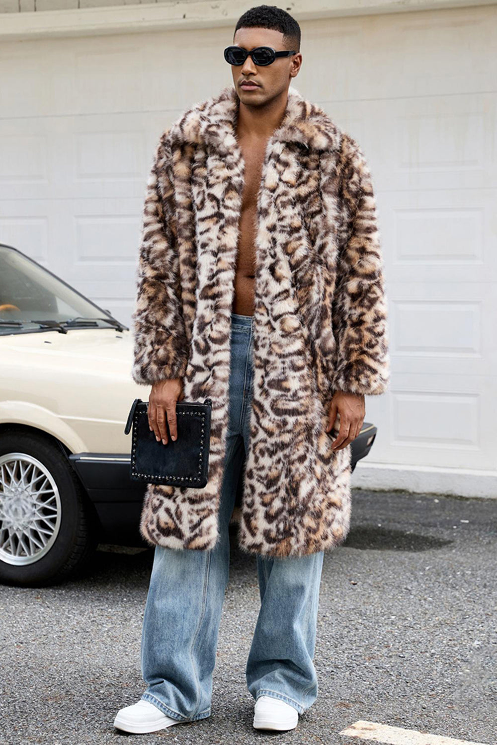 Brown Leopard Faux Fur Open Front Long Men's Coat