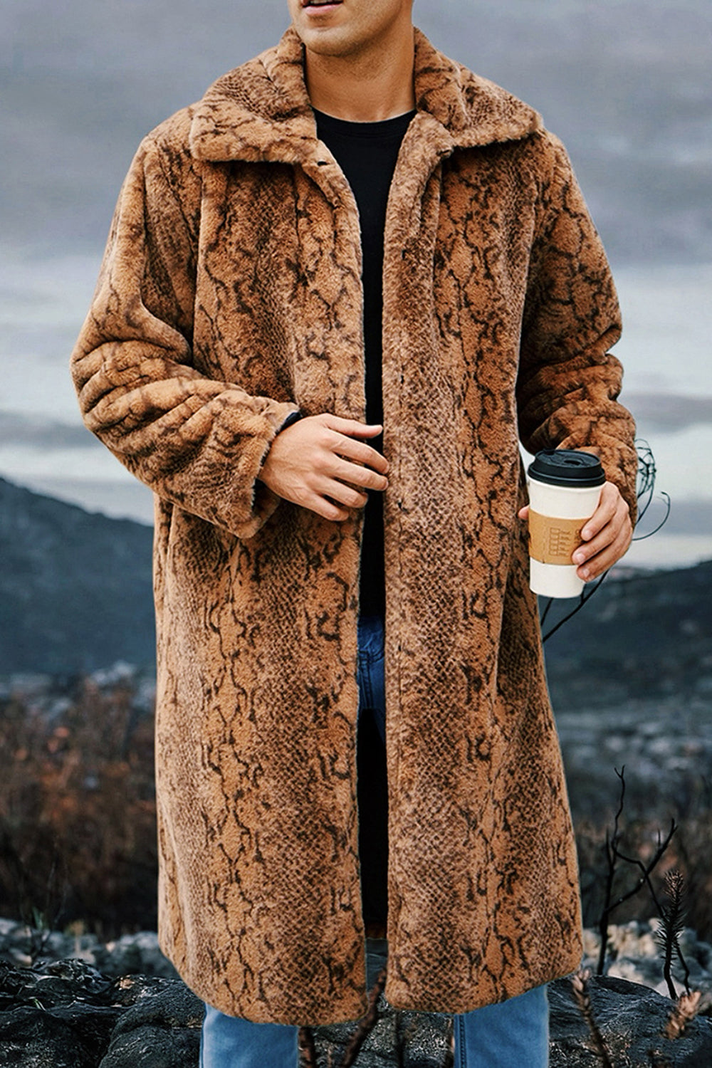 Manteau long homme chaud en fausse fourrure léopard ivoire avec poches