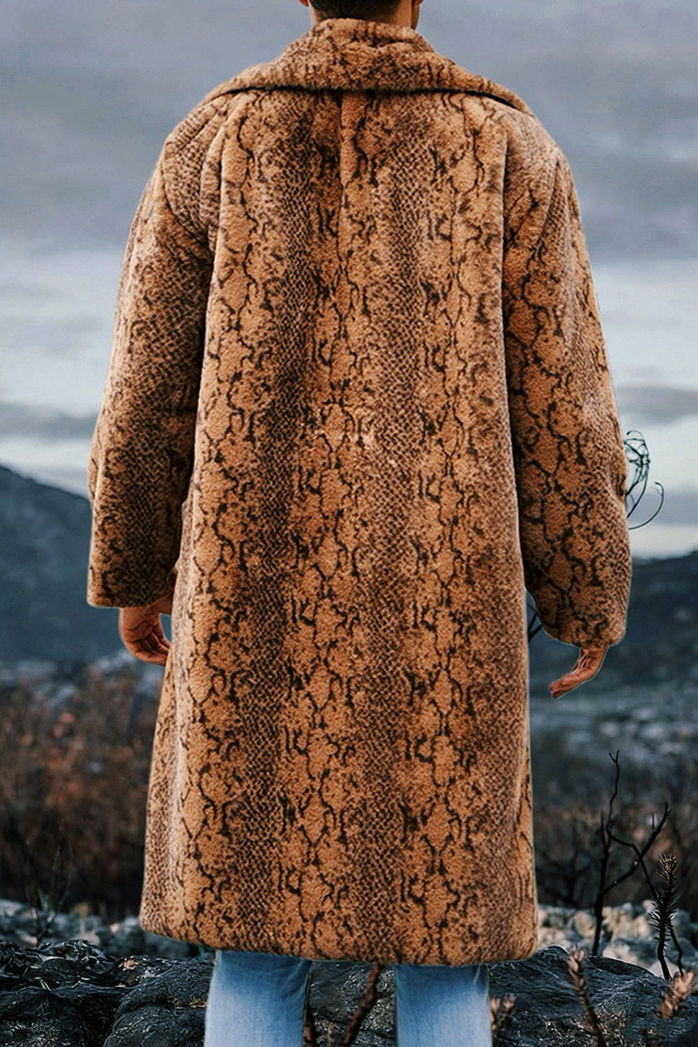 Manteau long homme chaud en fausse fourrure léopard ivoire avec poches