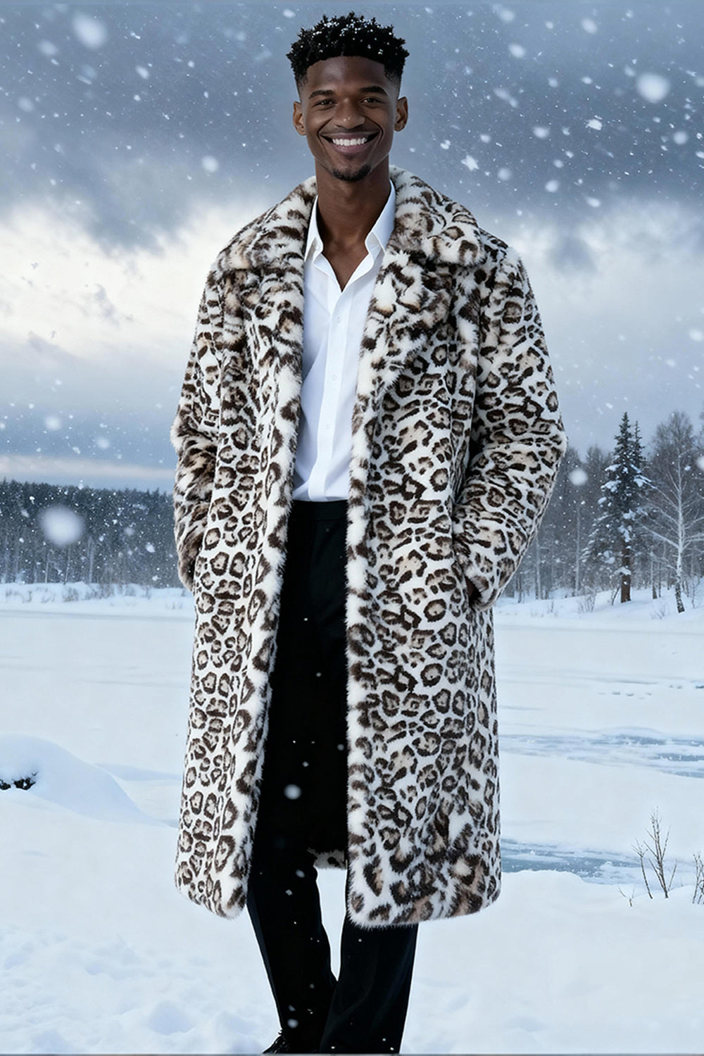 Manteau long homme chaud en fausse fourrure léopard ivoire avec poches