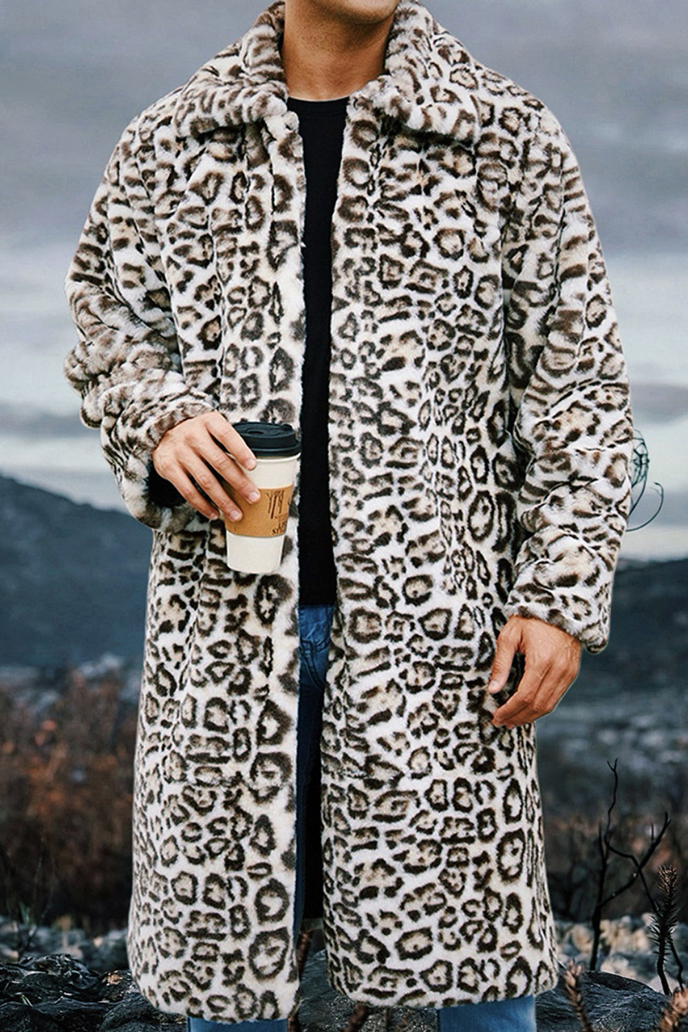 Manteau long homme chaud en fausse fourrure léopard ivoire avec poches