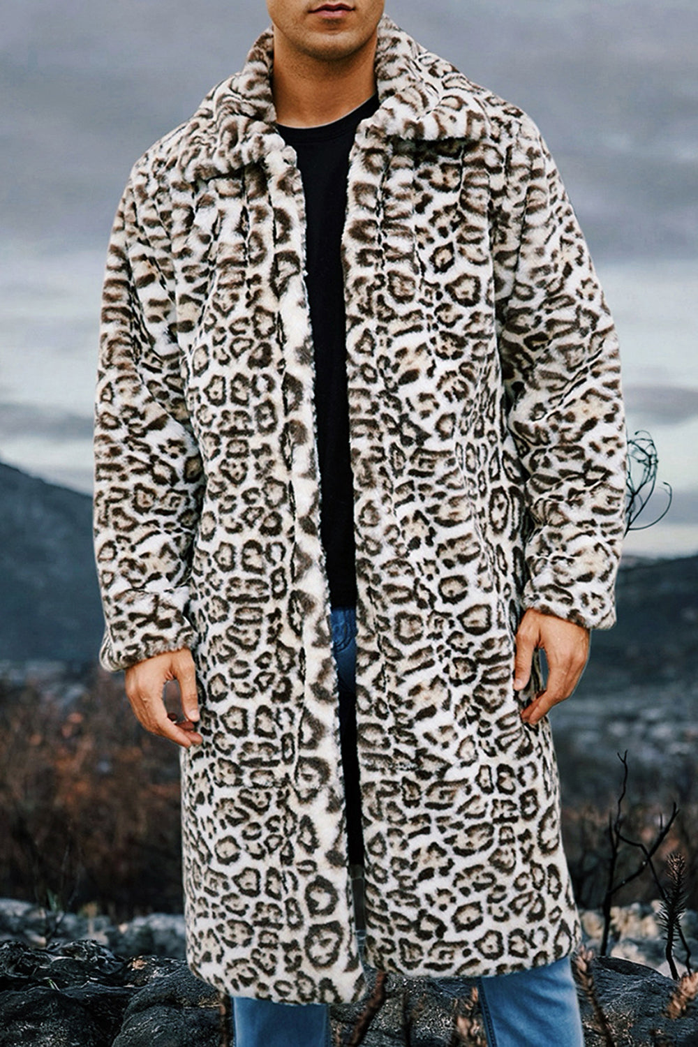 Manteau long homme chaud en fausse fourrure léopard ivoire avec poches
