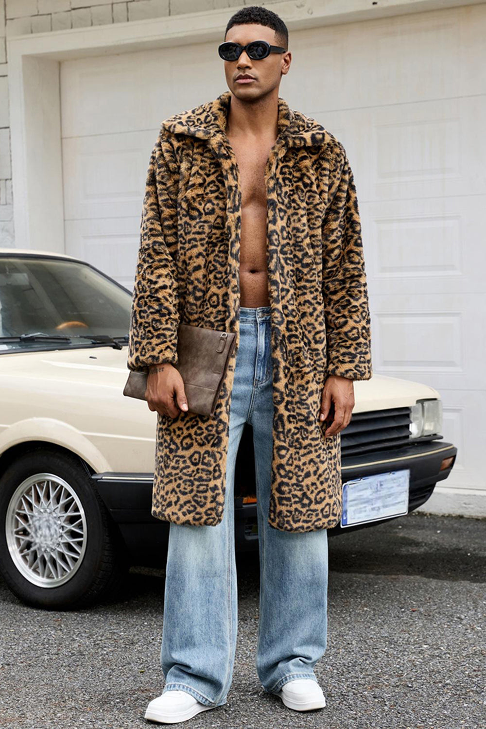 Yellow Leopard Faux Fur Open Front Warm Men's Winter Coat
