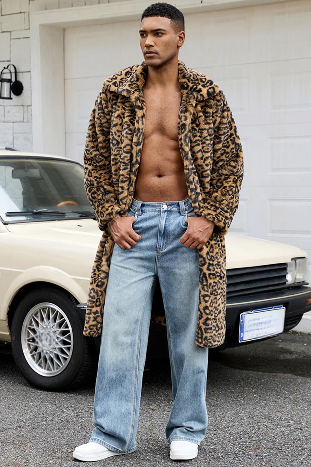 Yellow Leopard Faux Fur Open Front Warm Men's Winter Coat