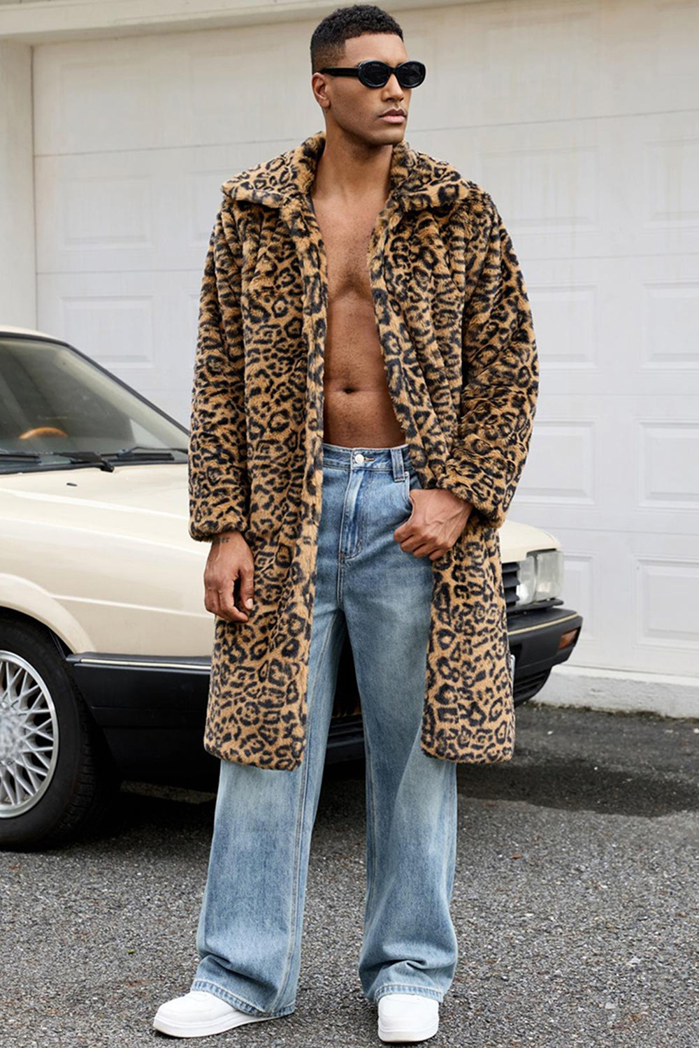 Yellow Leopard Faux Fur Open Front Warm Men's Winter Coat