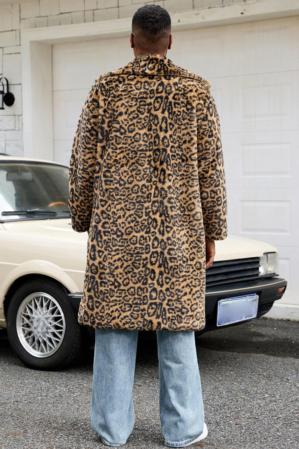 Yellow Leopard Faux Fur Open Front Warm Men's Winter Coat