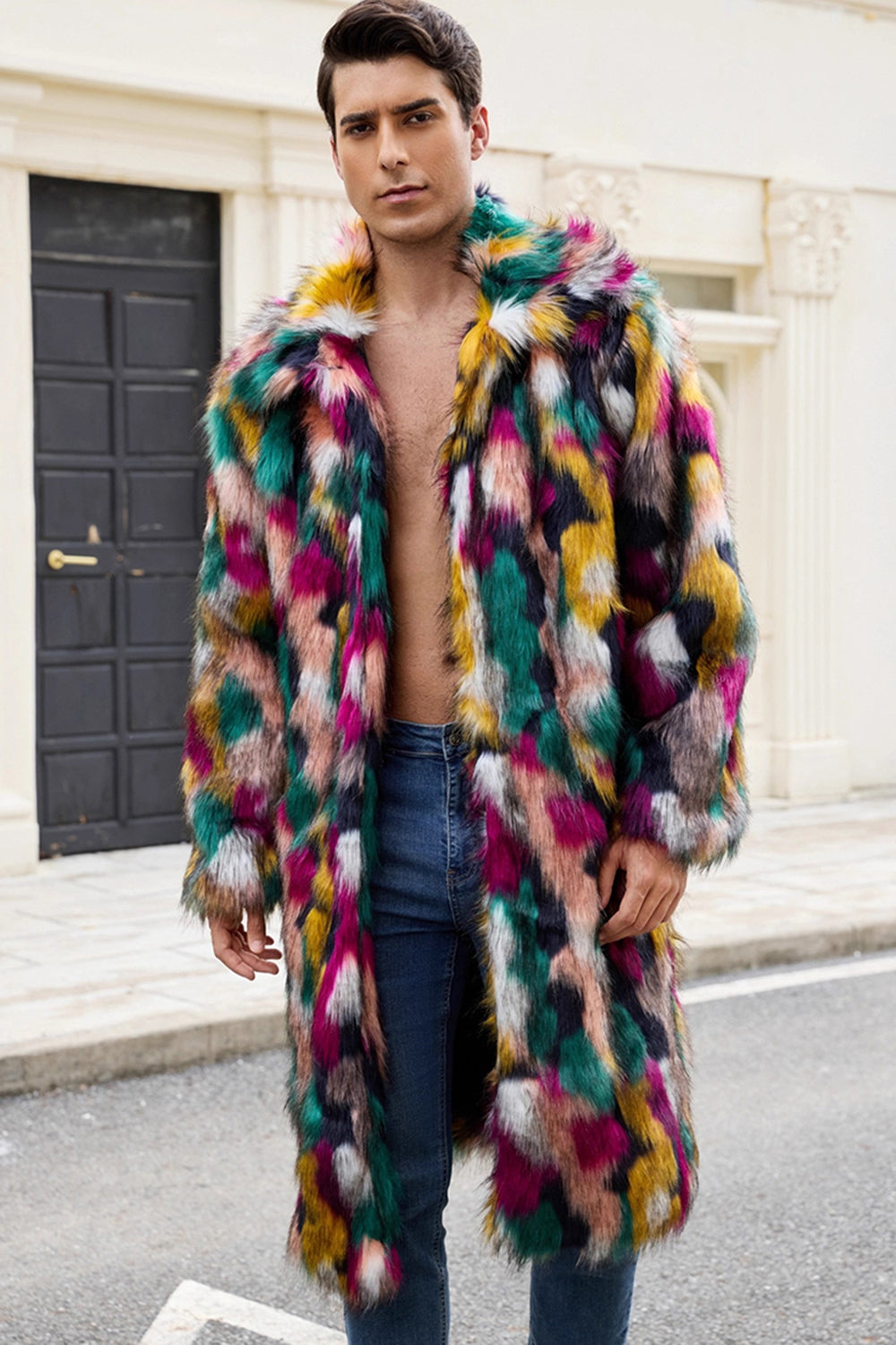 Thick Faux Fur Shawl Collar Colorful Men's Winter Coat