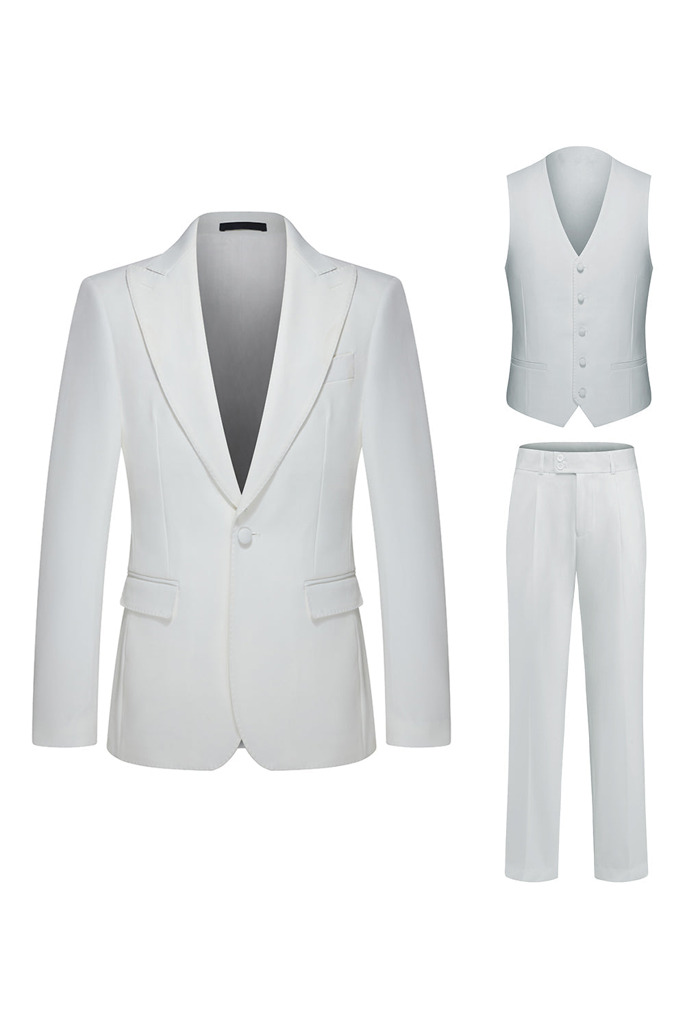 Peak Lapel 3 Piece One Button White Men's Wedding Suits