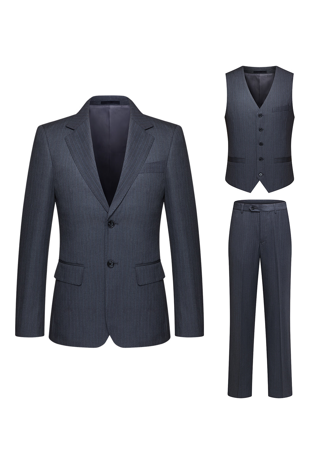 Grey Striped Notched Lapel 3 Piece Men's Suits