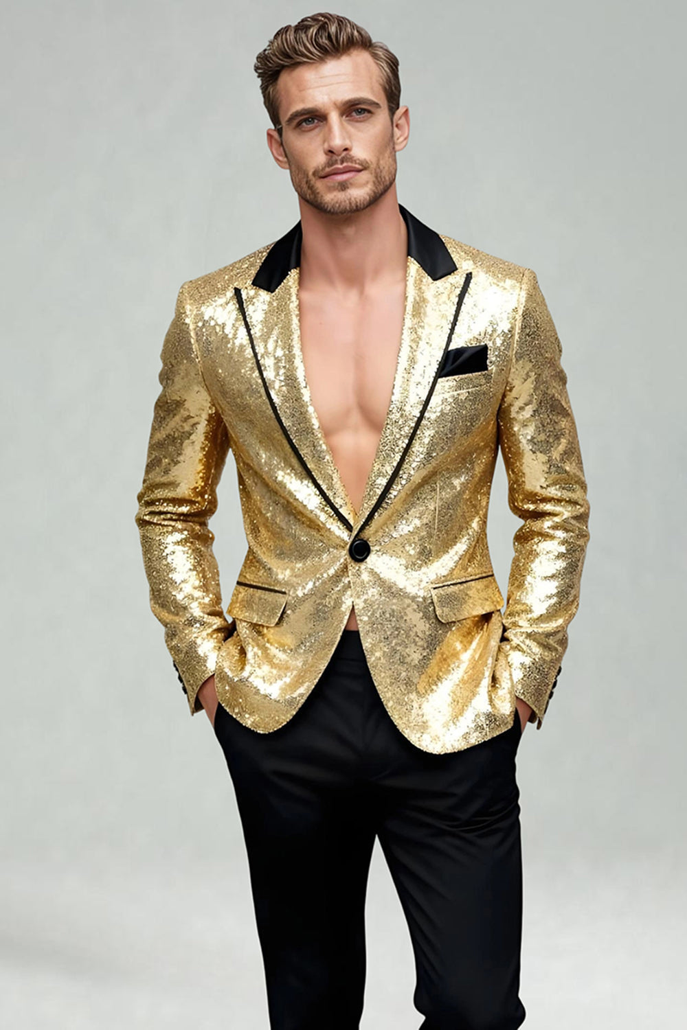 Sparkly Gold Peak Lapel Men's Prom Blazer