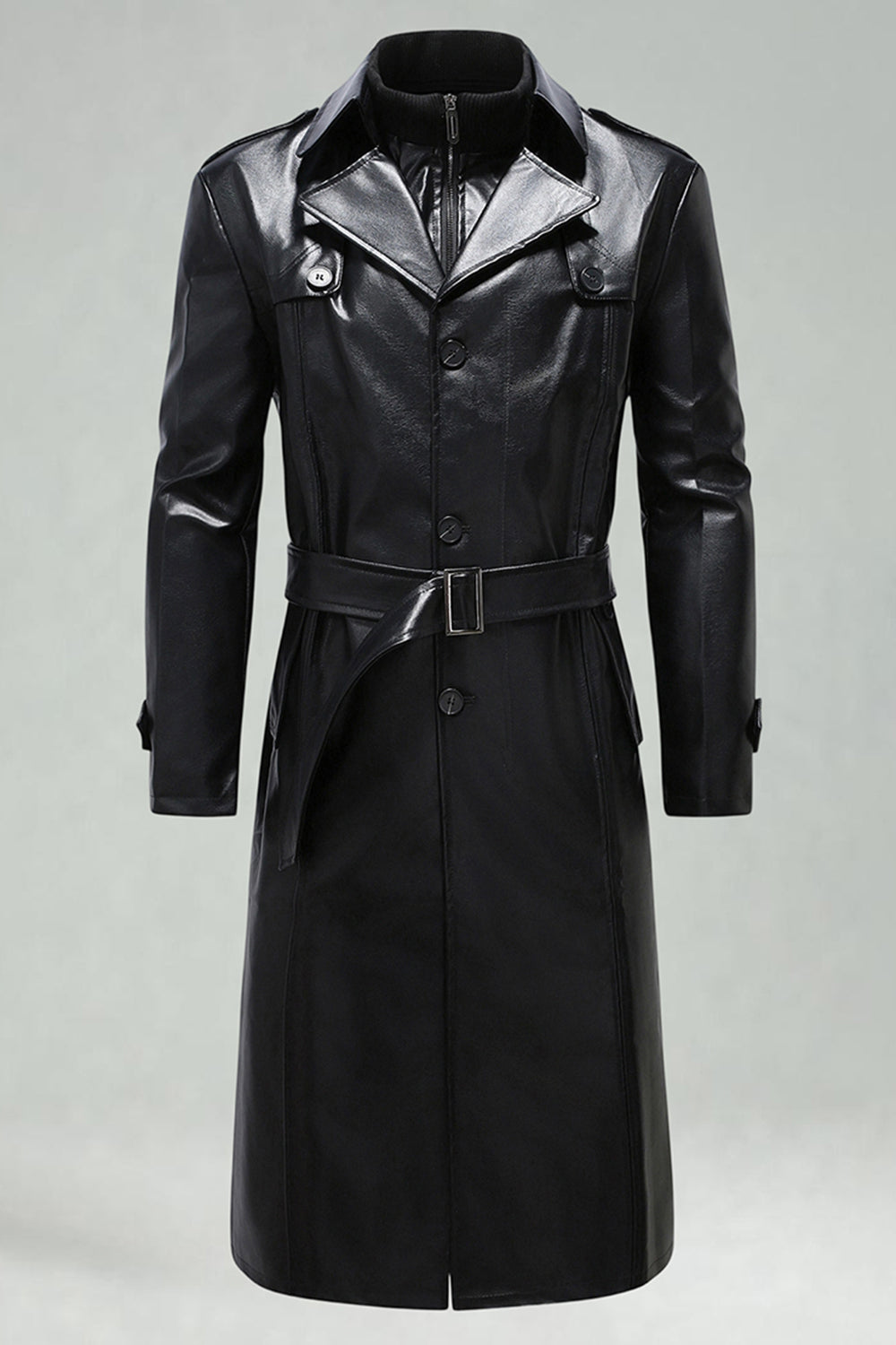 Black Leather Notched Lapel Men's Trench Coat with Belt