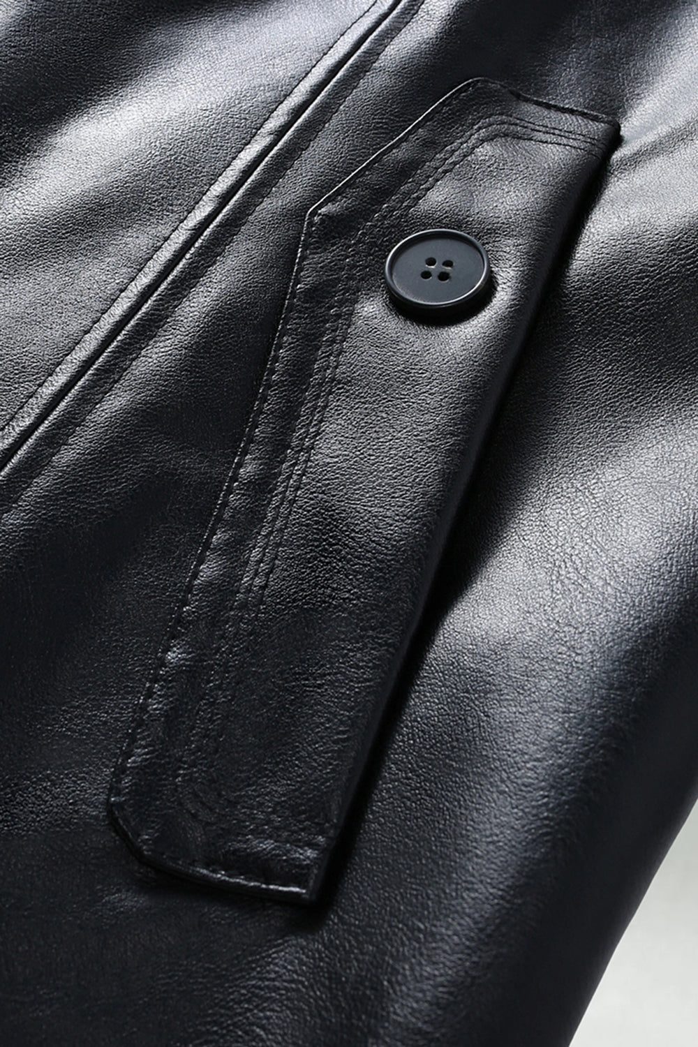 Black Leather Notched Lapel Men's Trench Coat with Belt