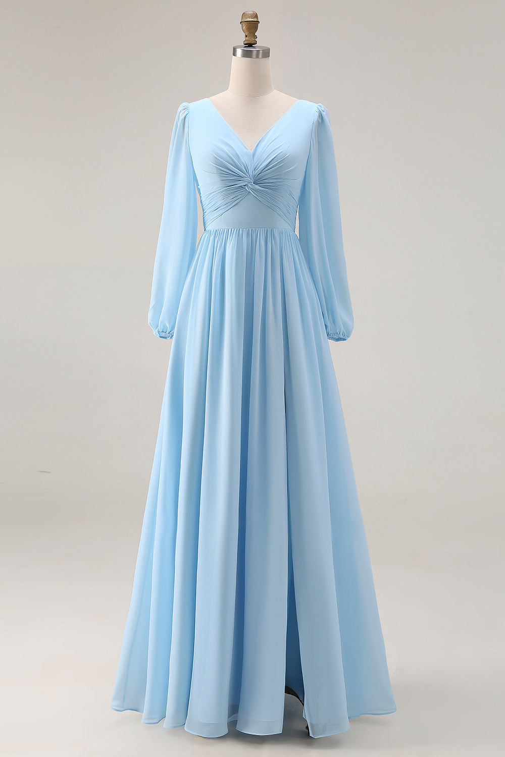 Robe De Soirée Bleu Ciel Froncée Évasée Col V Manches Longues Fendue