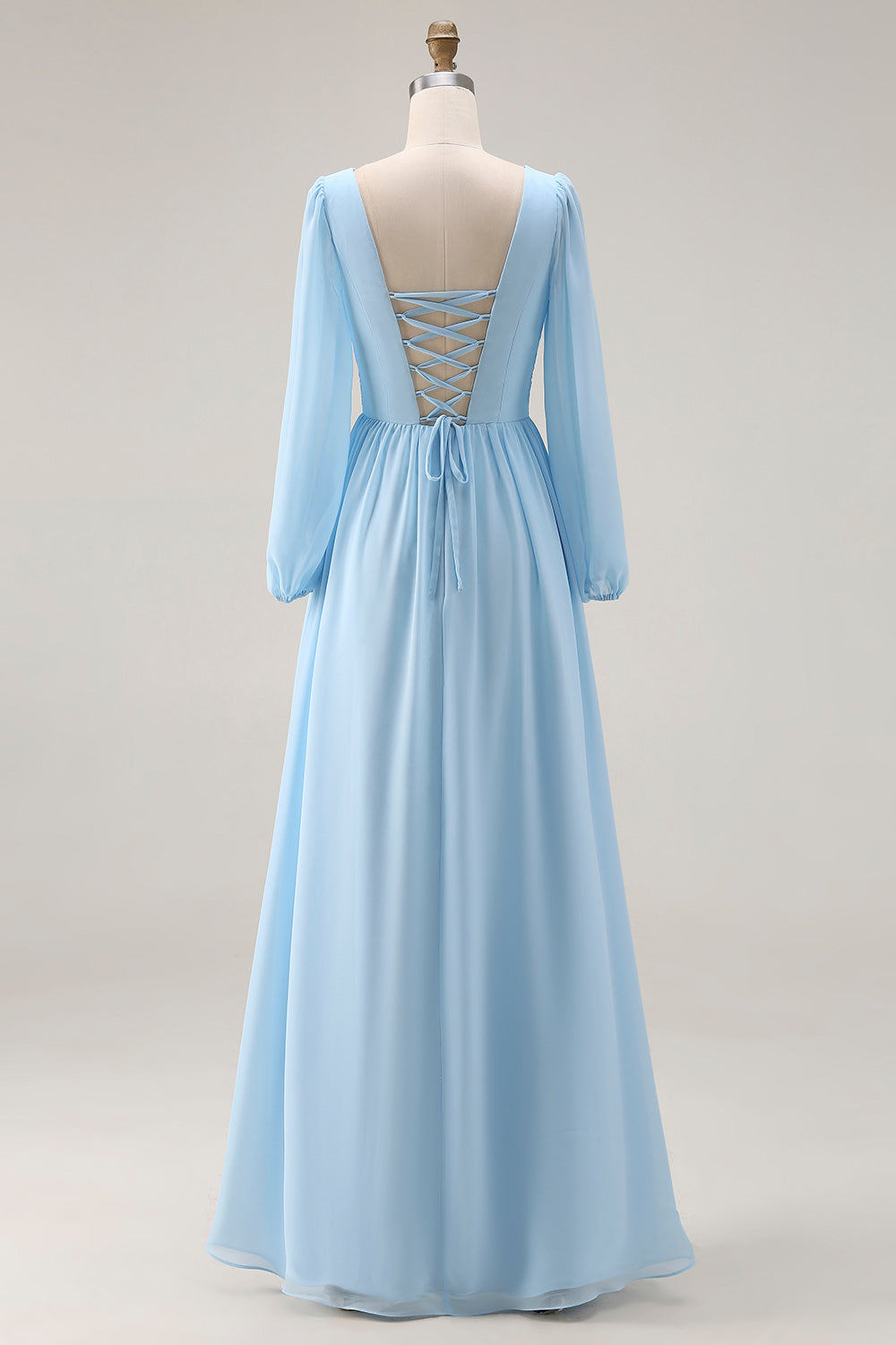 Robe De Soirée Bleu Ciel Froncée Évasée Col V Manches Longues Fendue
